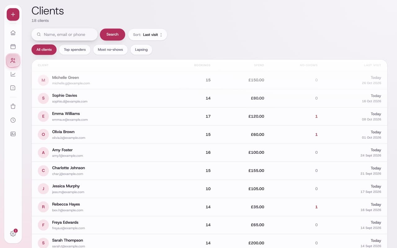 The Dayslot clients list showing each client’s bookings, spend, no-shows and last visit