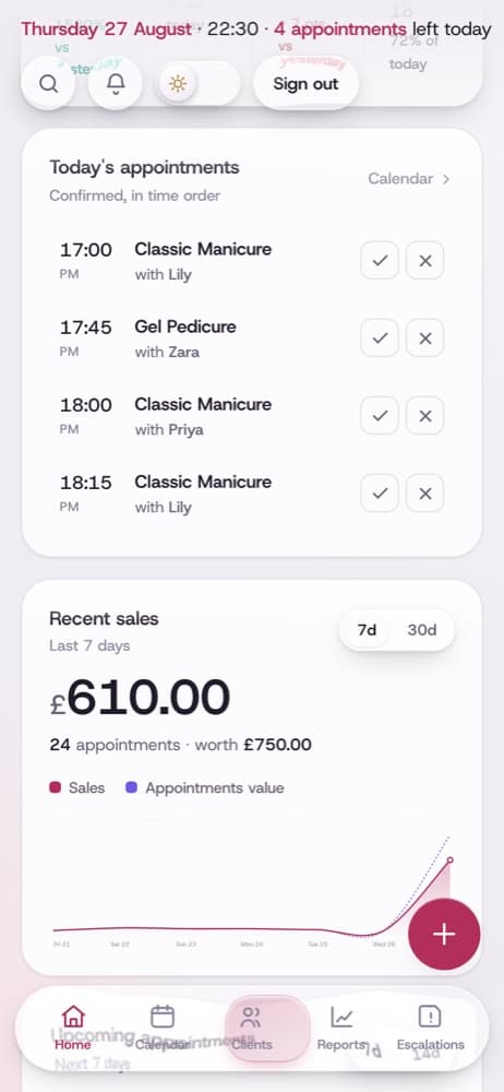 The Dayslot dashboard on a phone, showing the day’s appointments and recent sales